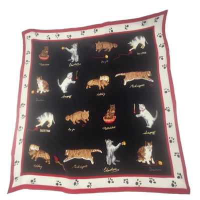 Cat Print Scarf Black Red White Animal Design Talbot 100% Silk Paw Print Vintage - Image 1 of 4