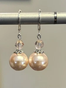 SILVER 925 PALE PINK 12mm PEARL BLUSH SPARKLE CRYSTAL DANGLE LEVER BACK EARRINGS - Picture 1 of 9