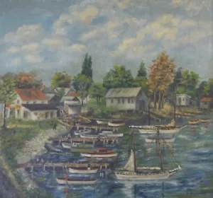 Alte Volkskunst Hafenszene Ölgemälde mit Booten ~ Virginia Ostküste? ~ NEU Hodgen - Bild 1 von 4