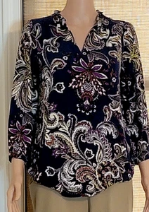 Blusa LIz Clairborne Azul Floral Volantes Desteñido Look Cuello en V Talla M - Imagen 1 de 17