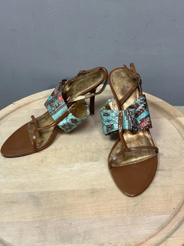 Nine West Strappy Heel Stacked Heel Womens 9M Brown Floral Retro - Image 1 of 4