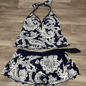 Ralph Lauren Navy And White Swimsuit 2PC Tankini And Skirt - Top Sz10 Bottom-8 - Picture 1 of 8
