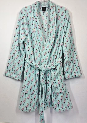 Donna Loren Womens Plush Robe Flamingo Santa Hat Cozy Fleece Knee Length Medium - Image 1 of 4