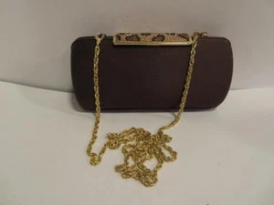 WOMENS SHAG BROWN SATIN CLUTCH W/LEOPARD RHINESTONE - Picture 1 of 4