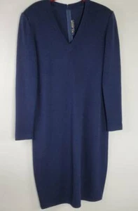St. John Basics Womens Shift Dress Blue Midi V Neck Long Sleeve Zippered Back 8 - Picture 1 of 4