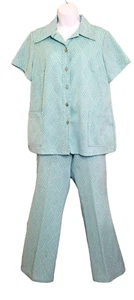 60s Womens Pantsuit L Blue Diamond Print Button Up Top Short Sleeve Vtg REPAIR - Picture 1 of 14