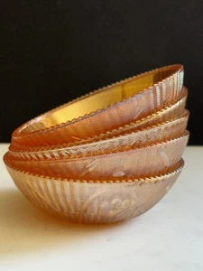 Iris Herringbone Jeanette Glass Bowls Marigold 4.5” Beaded Carnival 1950’s - Picture 1 of 21