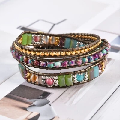 Natural Jasper Stone Crystal Leather Wrap Bracelet Gemstone Braided Bracelet - Image 1 of 4