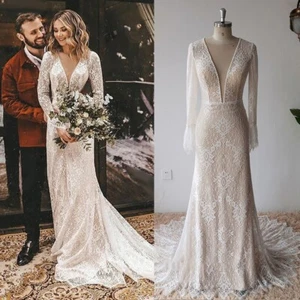 Long Sleeve Wedding Dresses Plunging Applique Sweep Train Lace Sheath Backless - Picture 1 of 15