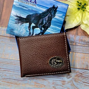 Praying Cowboy Western Wallet Mens FAUX LEATHER Short Bifold handtooled Boxed. - Picture 1 of 8