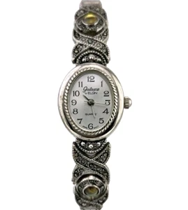 Galaxie by Elgin Silver Tone Marcasite Watch w Gem Stones Flex Band NEW BATT - Picture 1 of 10