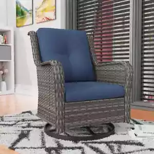 Wicker Outdoor Patio Swivel Rocking Chair with Blue Cushions - Picture 1 of 7