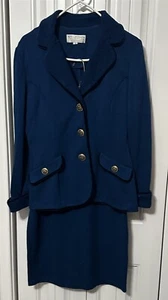 St John Marie Gray Knit Skirt Suit Classic Santana Womens 8 Jacket Blue Gold  - Picture 1 of 10