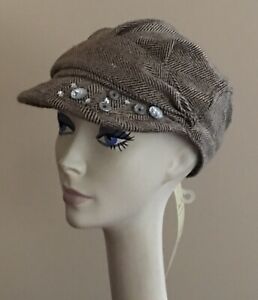 NWT! Designer CAP Hat WOOL Blend Fabric BROWN Herringbone Cute STYLE! Lined
