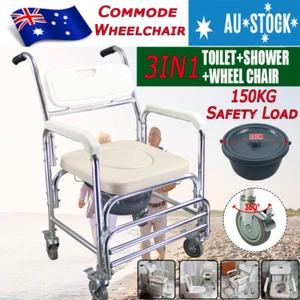 Aluminum Mobile Shower Toilet Commode Chair Bathroom Bedside Footrest Wheelchair - Picture 1 of 12