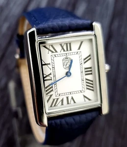 Pierre Lucerne 1888 Tank Swiss Inspired Cabochon Crown Mens Watch Blue Band - Picture 1 of 14