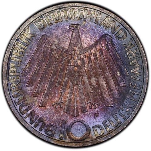 MS66 1972-F Germany Silver 10 Mark, PCGS Trueview- Beautifully Purple Toned Cover
