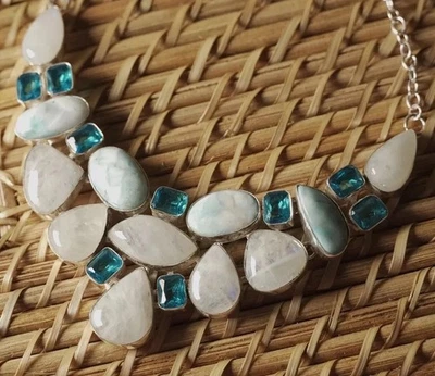 "Hermoso Larimar azul cielo, piedra lunar arco iris, topacio azul 18"" artesanal" Foto 1 de 4