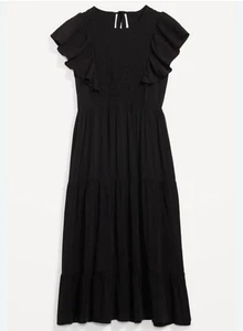OLD NAVY Smocked Bodice Midi Dress Sz L Flutter Sleeves Tie Open Back Boho - Picture 1 of 11