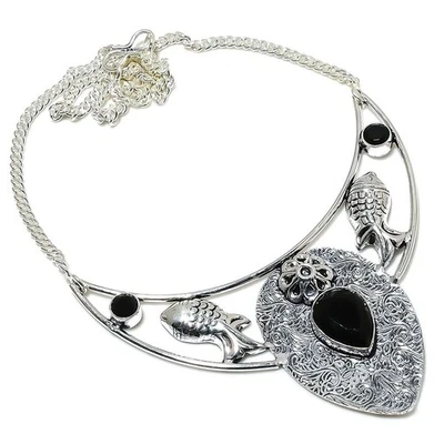 Nero Spinello Gemma Fatto a Mano 925 Argento Sterling Gioiello Collana - Immagine 1 di 4