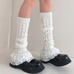 1 Pair Girl Knit Lace Patchwork Leg Warmer Layered Stocking Long Sock Cute Sweet - Picture 1 of 10