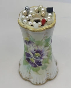 Vintage Hand Painted Hat Pin Holder and Pins Porcelain Floral Design 4.25in tall - Picture 1 of 12