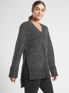 NWT Athleta Black Marl Shasta Hi-Low V-Neck Wool Blend Chunky Sweater, X-SMALL - Picture 1 of 18