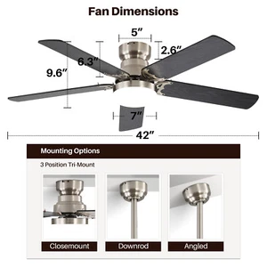 42" Bedroom Wood Flush Mount Ceiling Fan w/ Light Remote Control Downrod Options - Picture 1 of 8