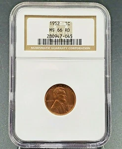 1952 P 1c Lincoln Wheat Cent Penny Coin NGC MS66 RD DIE CRACK ON OBVERSE HEAD - Picture 1 of 4