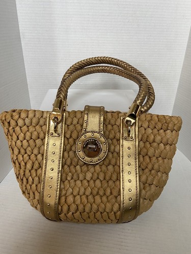 Borsa Michael Kors Santorini Raffia catena oro medio marrone tessitura pelle marrone marrone marrone marrone chiaro