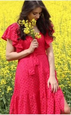 Zara Midikleid Fuchsia Rosa Cutwork Bestickt Gr. S Blogger Fave Summe - Bild 1 von 4