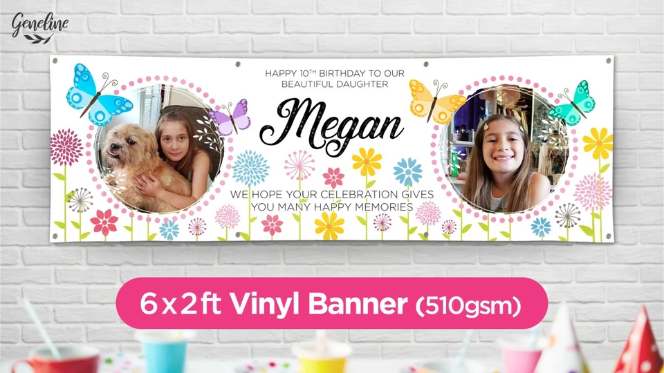 BUTTERFLY FLOWERS Birthday Banner - Personalised - High Quality Vinyl PVC 6x2ft — 第 1/1 张图片