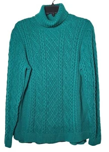 Lands' End Womens Green Turtleneck Fisherman Cable Knit Sweater Size Large Cozy - Picture 1 of 11