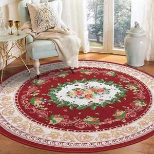 Round Area Rugs 5ft Non-Slip Red Traditional  Floral Oriental Pattern Carpet - Picture 1 of 6