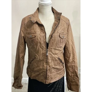 Womens Faux Leather full zip Jacket Sz M L Brown Bomber Sophie Max Jeans  - Picture 1 of 15
