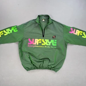 Vintage Surf Style Jacket Mens S Green Pullover Windbreaker Neon Logo Graphic - Picture 1 of 16