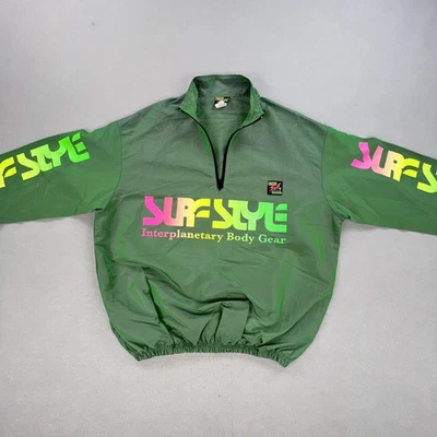 Vintage Surf Style Jacket Mens S Green Pullover Windbreaker Neon Logo Graphic - Image 1 of 4