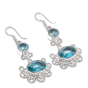 Aquamarine Gemstone Handmade 925 Sterling Silver Jewelry Earrings Sz 2.1" - Picture 1 of 1