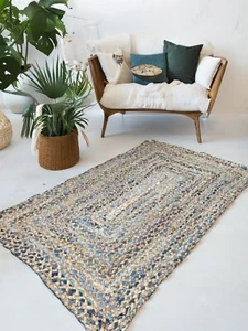 Denim Blue Rug Braided Jute Area Rugs Striped Rectangle Reversible Small Large - Picture 1 of 31