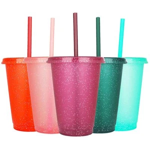 5 Pack 16oz Reusable Glitter Tumbler Iced Coffee Cup with Straw and Lid - Picture 1 of 6