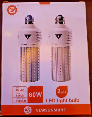 2pc NewSunshine 60W E26/E27 LED Corn Light Bulb 7500 Lumen 5000K White 144 Chip - Image 1 of 4