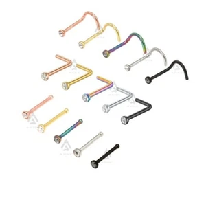 Nose Stud L- Bend Screw Hook Clear Gem 2mm Bone Body Piercing - Picture 1 of 7