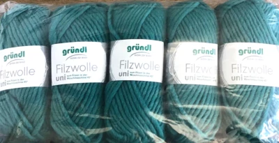 (kg/44€) Filzwolle uni Gründl 5x50g Fb.62 = petrol strickfilzen Puschen - Bild 1 von 3