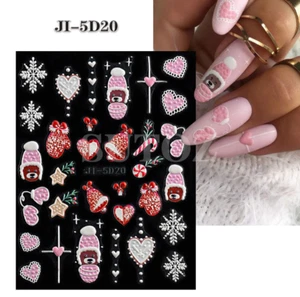 Christmas New Year 5D Embossed Pink Snowflake Heart Hat Cane Nail Art Stickers - Picture 1 of 4