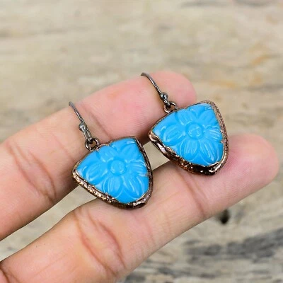 Carved Blue Onyx Gemstone Copper Dangling Trendy Electroformed Earrings Jewelry - Image 1 of 4