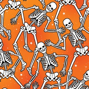 HALLOWEEN SPIRIT SKELETON CREW ORANGE BY BENARTEX GLOW IN THE DARK FABRIC BTHY - Picture 1 of 2
