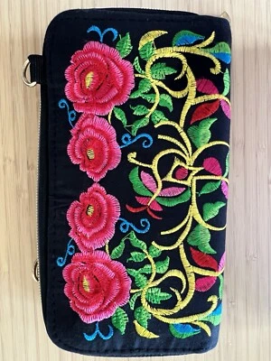 Guatemala Bordado Rosa Mexicano Floral Algodón Cremallera Cartera Bolso sin asas Foto 1 de 4