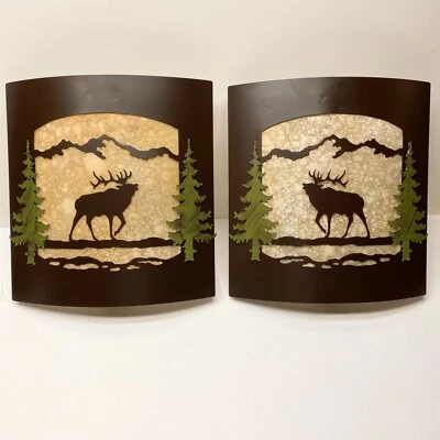 Par de apliques de pared de alce con pino pintado - vidrio ámbar esmerilado y luz de metal bronce Foto 1 de 4