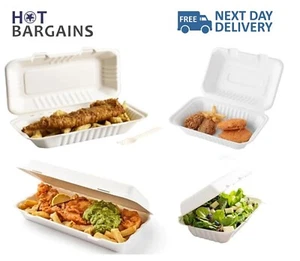 Eco-Friendly Bagasse Clamshell Meal Boxes Large 13x6 and 9x6 Inch 50pcs Each - Picture 1 of 8