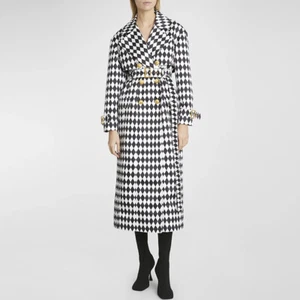 Autumn Winter Women's Black and White Check Diamond Check Belt Long Trench Coat - Picture 1 of 7
